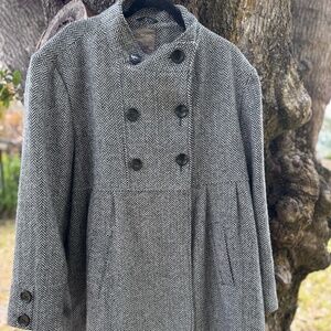 Ikebana Coat Swing Style Black White Herringbone Tweed Wool Blend  XXL